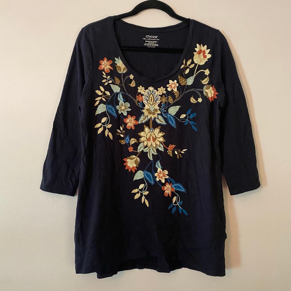 Chico's Navy Blue Floral Embroidered Rhinestone 3/4 Sleeve Top Women 1 / Medium